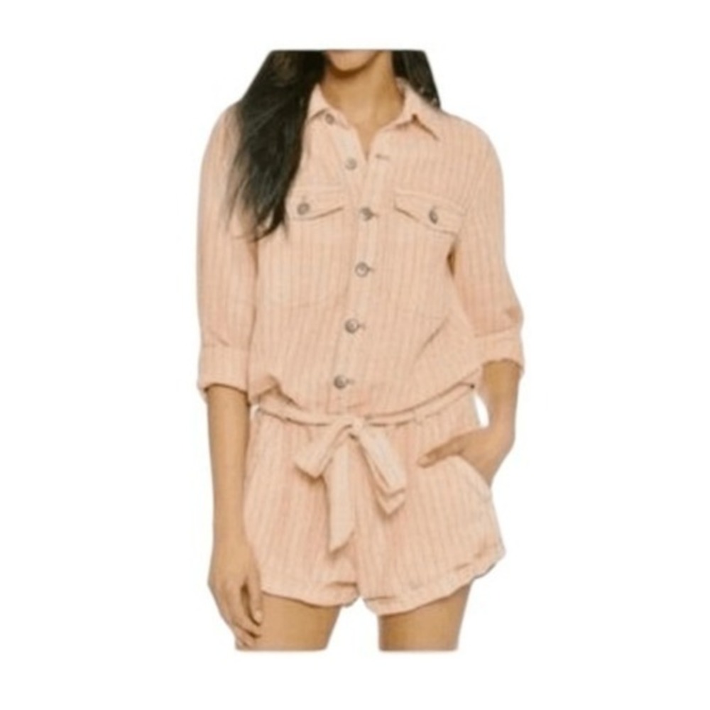Free People Yarn Dye Stripe Linen Blend Belted Romper Pink Black Long Sleeve Sho